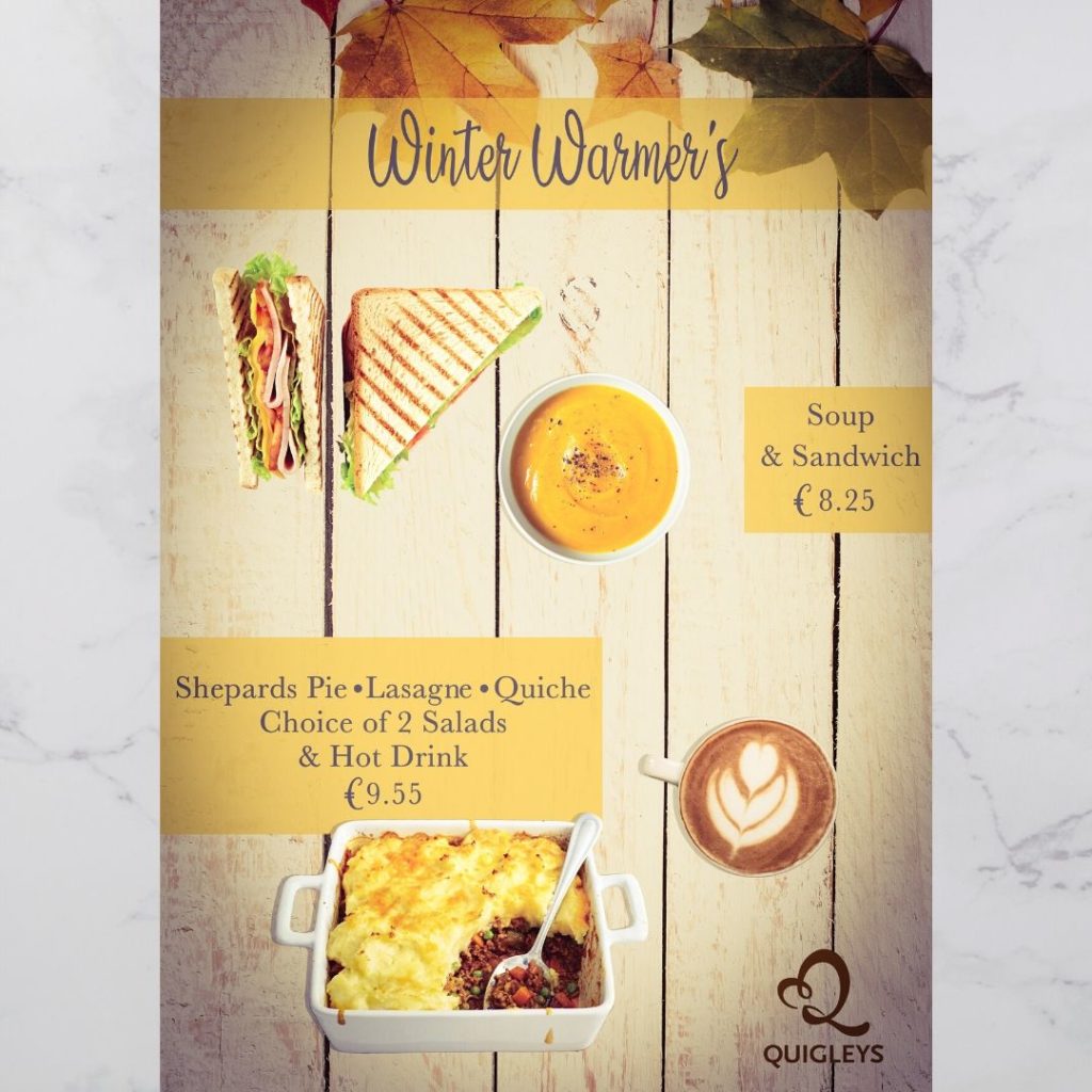 A hot food picture theme. Soup & Sandwich. Shepards Pie.Lasagne. Quiche. Coffee.