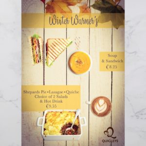 A hot food picture theme. Soup & Sandwich. Shepards Pie.Lasagne. Quiche. Coffee.