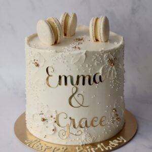 White Luxury Personalised Cake with Macarons